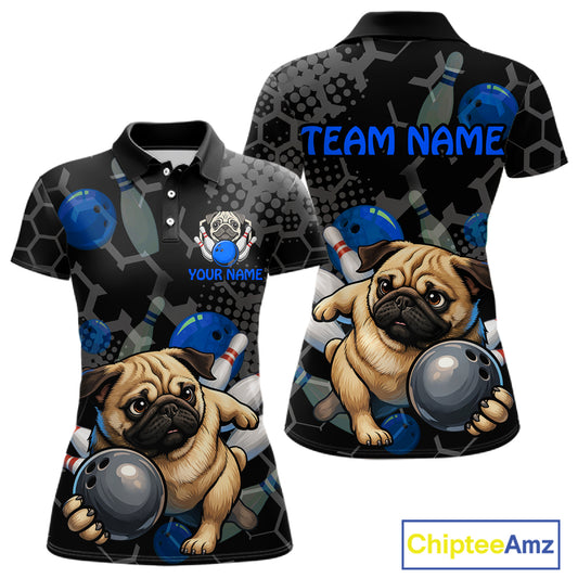 Two polo shirts with pug dogs and bowling elements, one with 'TEAM NAME' and 'Your Name' text space, Chiptee Amz logo visible.