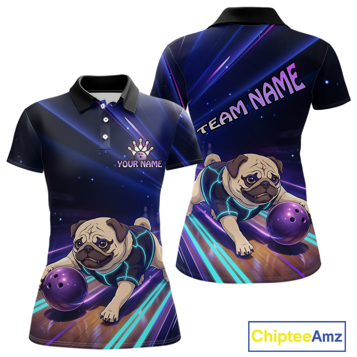 Funny Pug Dog Bowling Team Shirt for Women Custom Bowling Jersey Polo & 1/4-Zip Bowling Unisex QZT908
