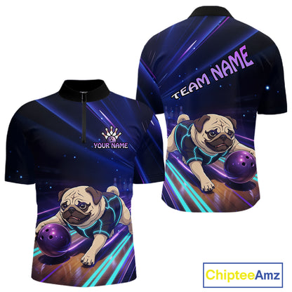 Funny Pug Dog Bowling Team Shirt for Men Custom Bowling Jersey Polo & 1/4-Zip Bowling Unisex QZT908