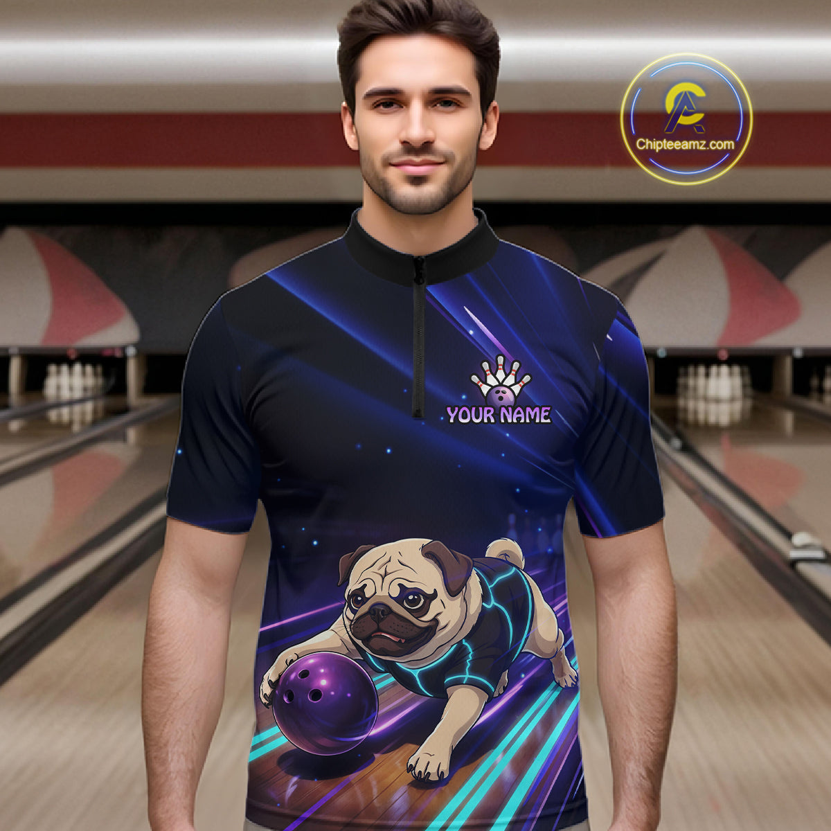 Funny Pug Dog Bowling Team Shirt for Men Custom Bowling Jersey Polo & 1/4-Zip Bowling Unisex QZT908