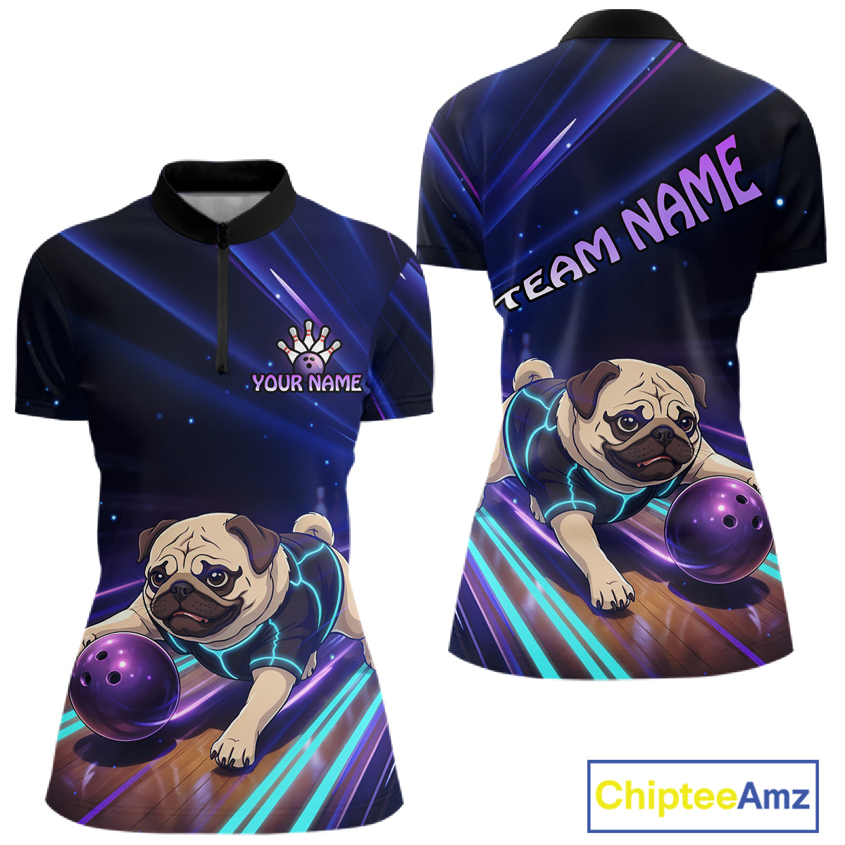 Funny Pug Dog Bowling Team Shirt for Women Custom Bowling Jersey Polo & 1/4-Zip Bowling Unisex QZT908