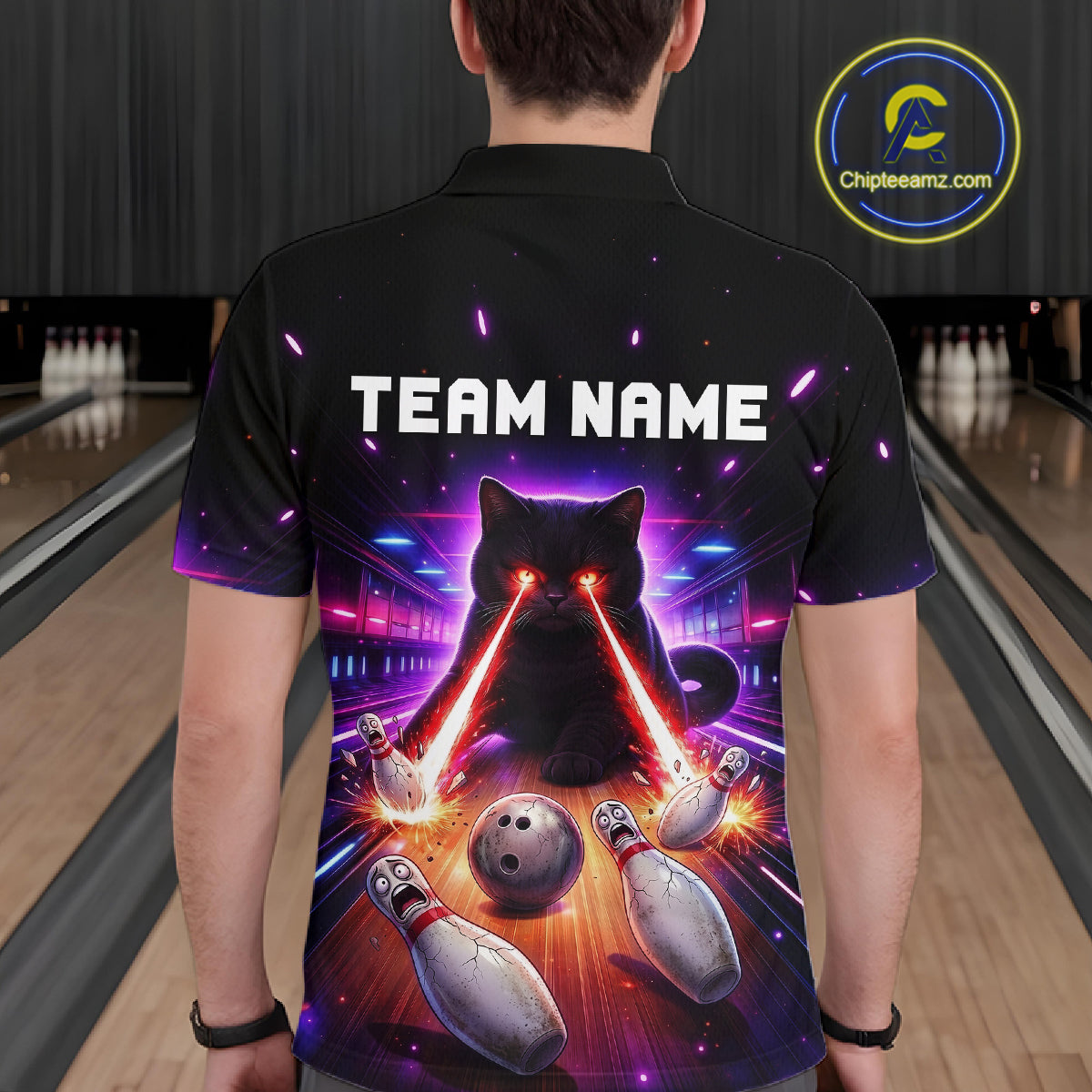 Custom Alien Cat Bowling Team Shirt for Men UFO Bowling League Jersey Polo & Quarter-Zip Bowling Outfit QZT989