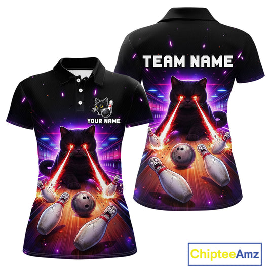Custom Alien Cat Bowling Team Shirt for Women UFO Bowling League Jersey Polo & Quarter-Zip Bowling Outfit QZT989