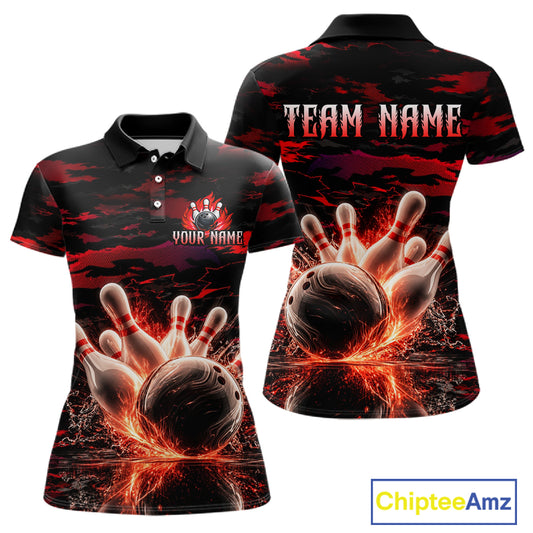 Flame Red Pattern Bowling Shirt for Women Bowling Team Jersey Polo & 1/4-Zip QZT1027