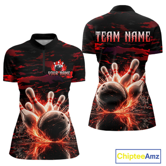 Flame Red Pattern Bowling Shirt for Women Bowling Team Jersey Polo & 1/4-Zip QZT1027