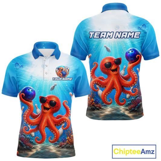 Two views of a polo shirt with an octopus design and 'Team Name' text on a blue gradient background.