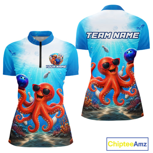 Two blue and white shirts with a cartoon octopus design on a white background, featuring 'Chiptee Amz' branding.