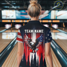 Load image into Gallery viewer, Person wearing a bowling shirt with an eagle design and 'TEAM NAME' text in a bowling alley.