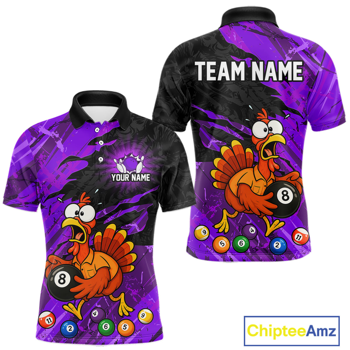 Front and back views of a short-sleeve polo shirt with a vibrant purple and black splatter design, featuring a cartoon turkey holding an 8-ball pool bill and colorful pool balls. The front has a placeholder logo and text 'YOUR NAME', and the back has 'TEAM NAME' printed at the collar.