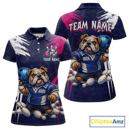 Personalized Funny Bulldog Bowling League Shirt Polo & 1/4 Zip Navy Bowling Jersey for Women QZT910