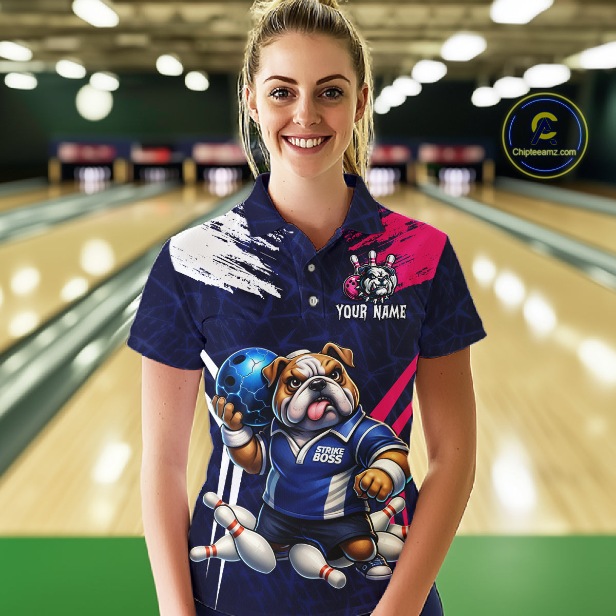 Personalized Funny Bulldog Bowling League Shirt Polo & 1/4 Zip Navy Bowling Jersey for Women QZT910