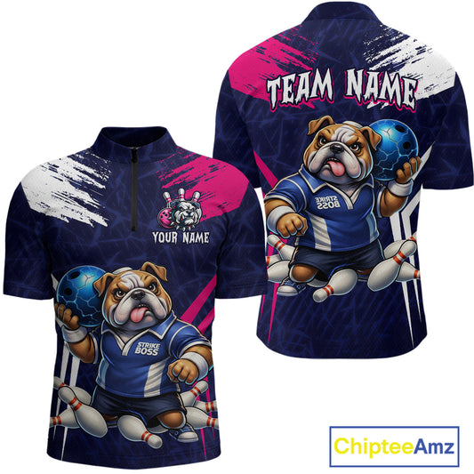 Personalized Funny Bulldog Bowling League Shirt Polo & 1/4 Zip Navy Bowling Jersey for Men QZT910