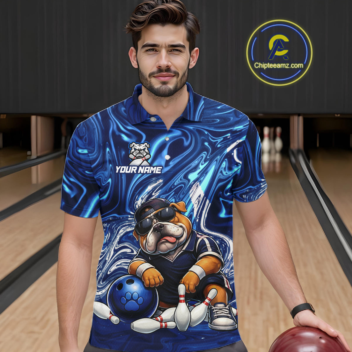 Custom Blue Funny Bulldog Bowling Team Shirt Bowling Jersey Polo & 1/4 Zip Bowling Unisex for Men QZT912