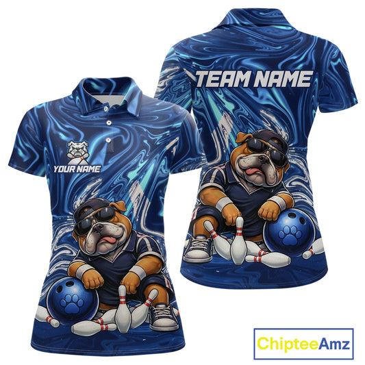 Custom Blue Funny Bulldog Bowling Team Shirt Bowling Jersey Polo & 1/4 Zip Bowling Unisex for Women QZT912
