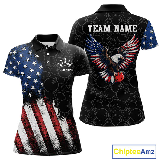 Two polo shirts with American flag design and eagle graphic, customizable with 'Your Name' and 'Team Name'.