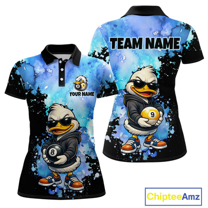 Customizable short-sleeve polo shirt shown from front and back on a white background. The shirt features a blue and black watercolor splatter design with a cartoon duck wearing sunglasses and holding billiard balls, plus placeholder text 'TEAM NAME' and 'YOUR NAME'.