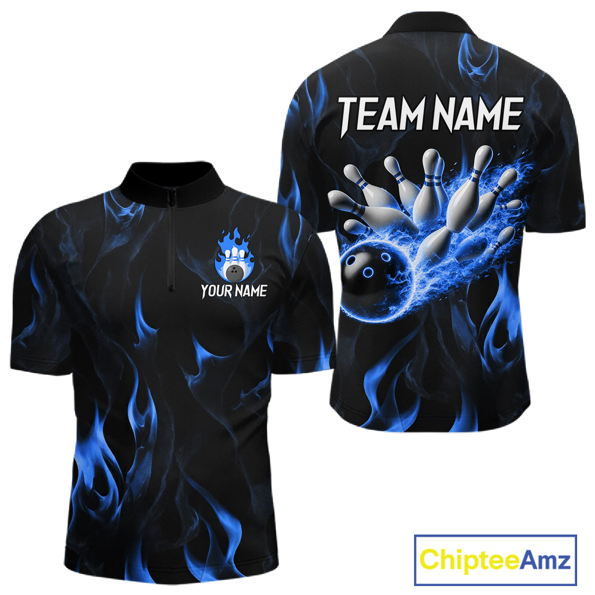 Custom Blue Flames Bowling Shirt for Men Bowling Team Jersey Bowling Outfit QZT1216