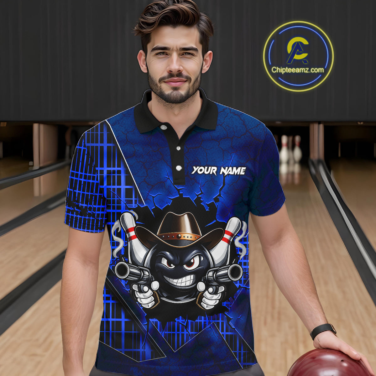 Custom Blue Funny Cowboy Gun Bowling Shirt for Men Bowling Team Jersey Bowling Polo & Quarter-Zip QZT915