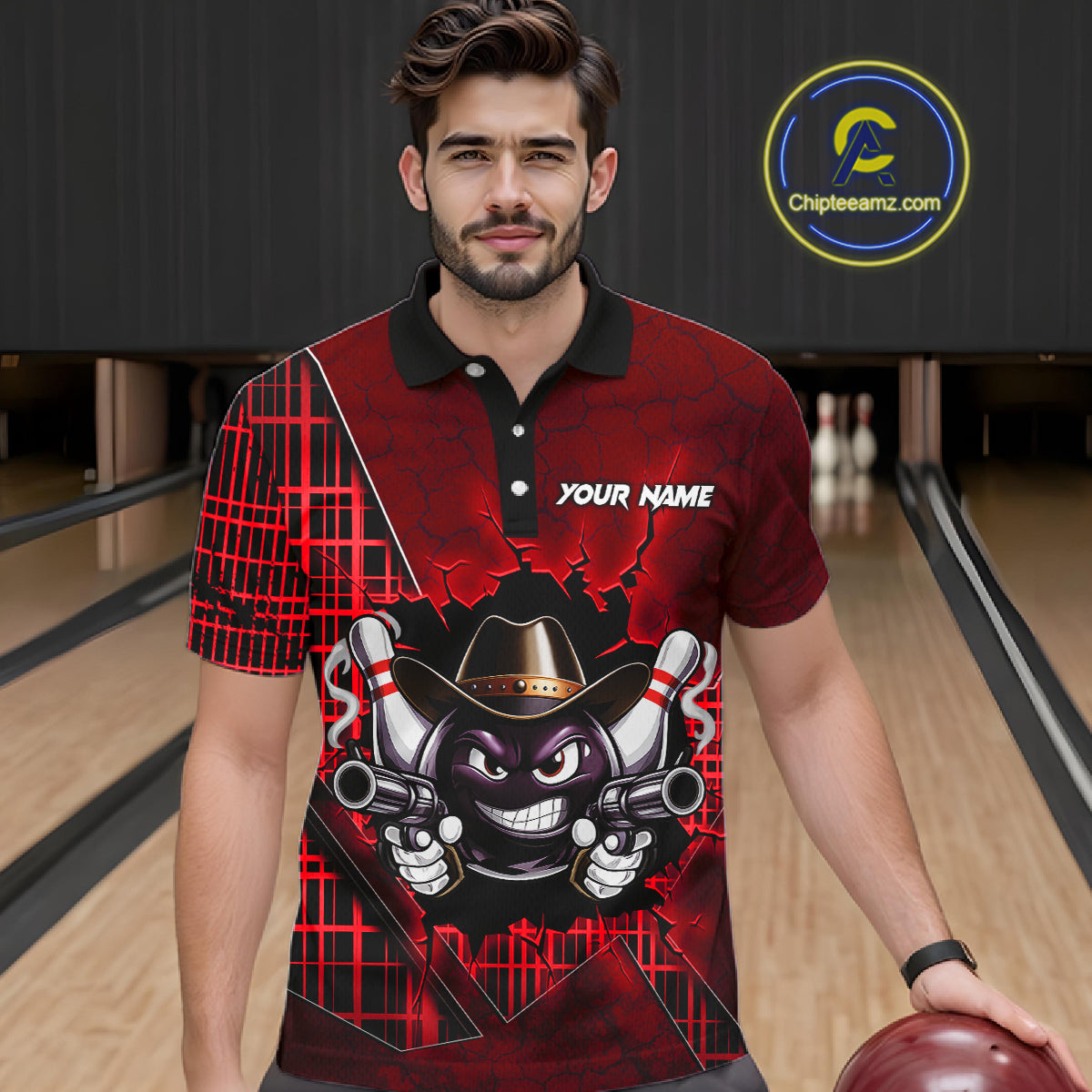 Custom Red Funny Cowboy Gun Bowling Shirt for Men Bowling Team Jersey Bowling Polo & Quarter-Zip QZT915