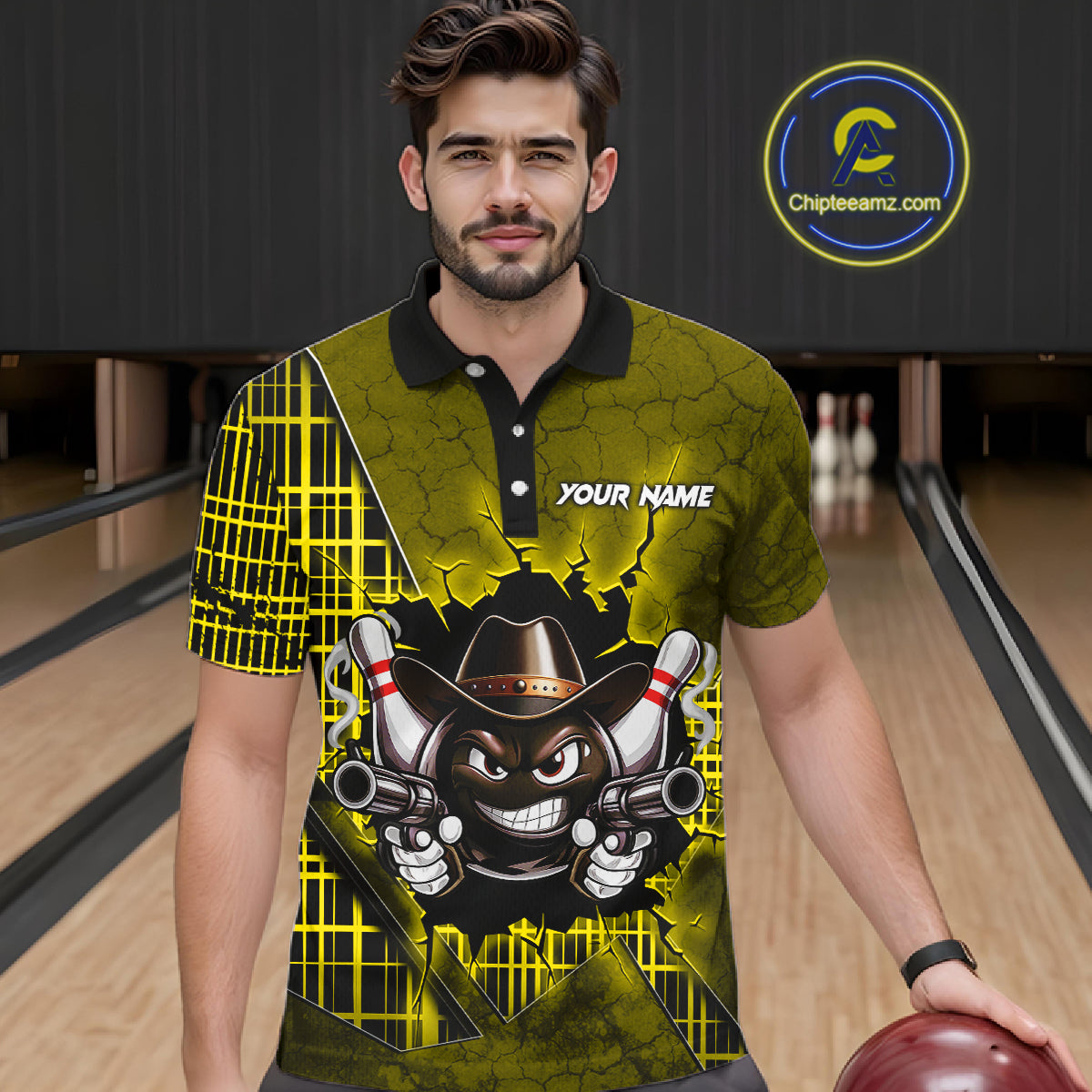 Custom Yellow Funny Cowboy Gun Bowling Shirt for Men Bowling Team Jersey Bowling Polo & Quarter-Zip QZT915