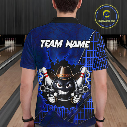 Custom Blue Funny Cowboy Gun Bowling Shirt for Men Bowling Team Jersey Bowling Polo & Quarter-Zip QZT915