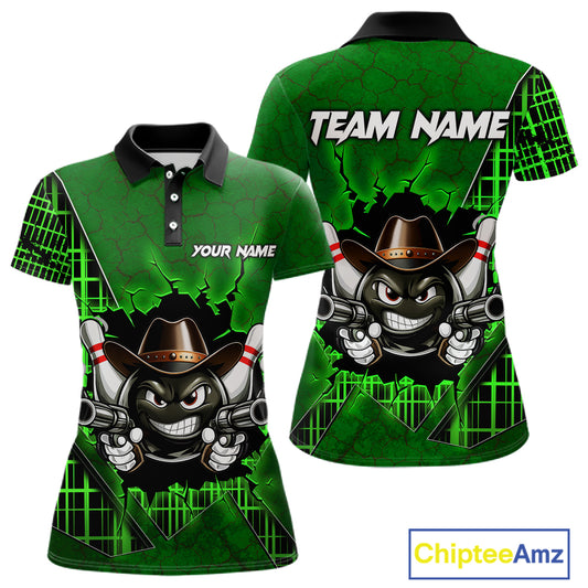 Custom Green Funny Cowboy Gun Bowling Shirt for Women Bowling Team Jersey Bowling Polo & Quarter-Zip  QZT915