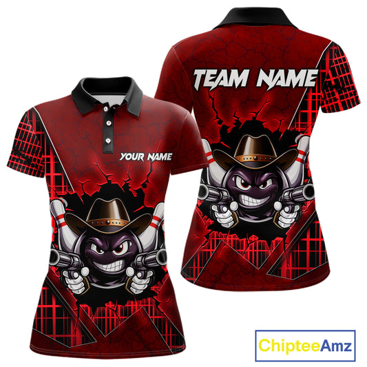Custom Red Funny Cowboy Gun Bowling Shirt for Women Bowling Team Jersey Bowling Polo & Quarter-Zip  QZT915