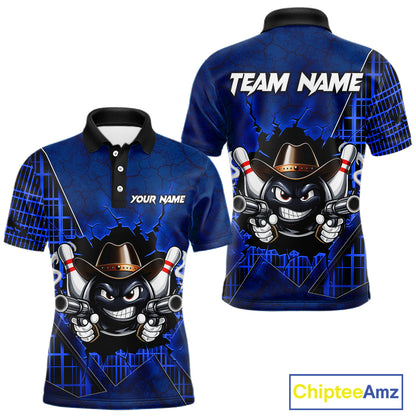 Custom Blue Funny Cowboy Gun Bowling Shirt for Men Bowling Team Jersey Bowling Polo & Quarter-Zip QZT915