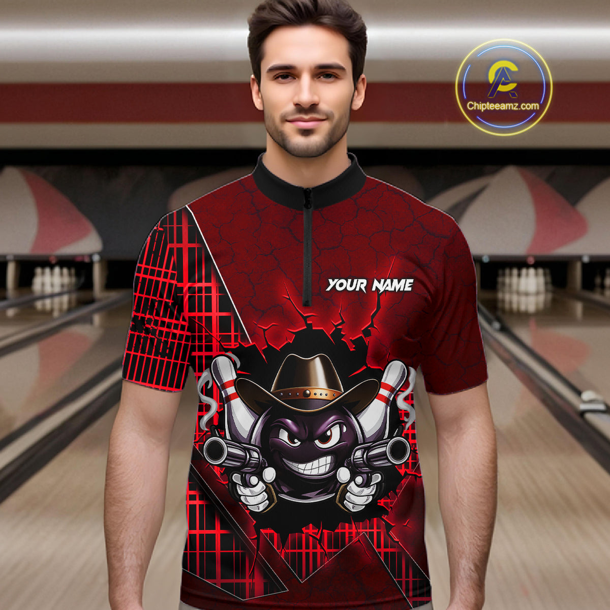 Custom Red Funny Cowboy Gun Bowling Shirt for Men Bowling Team Jersey Bowling Polo & Quarter-Zip QZT915