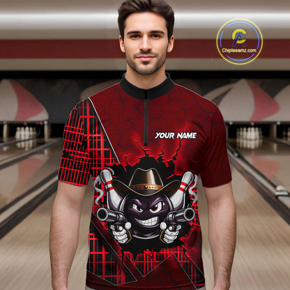 Custom Red Funny Cowboy Gun Bowling Shirt for Men Bowling Team Jersey Bowling Polo & Quarter-Zip QZT915