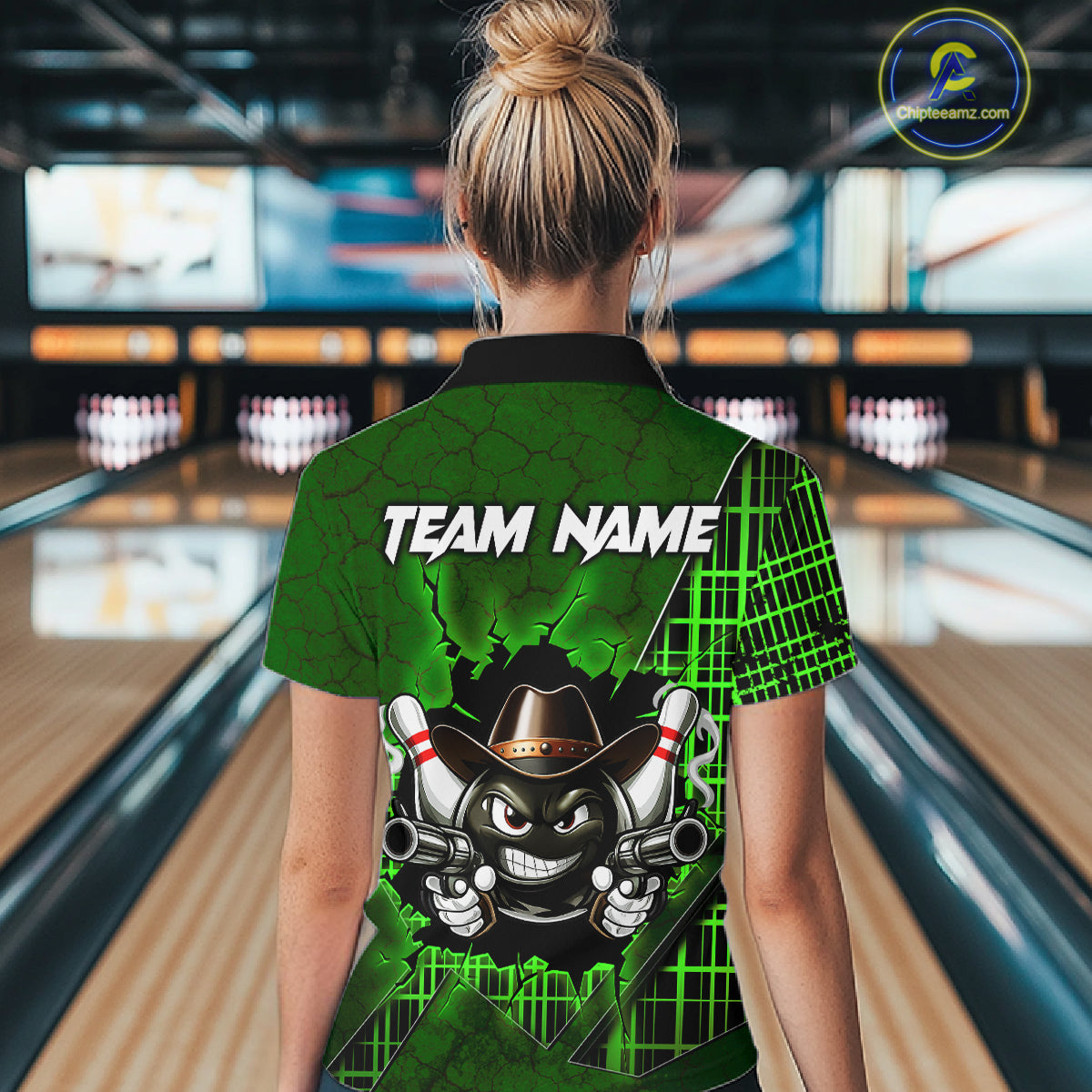 Custom Green Funny Cowboy Gun Bowling Shirt for Women Bowling Team Jersey Bowling Polo & Quarter-Zip  QZT915