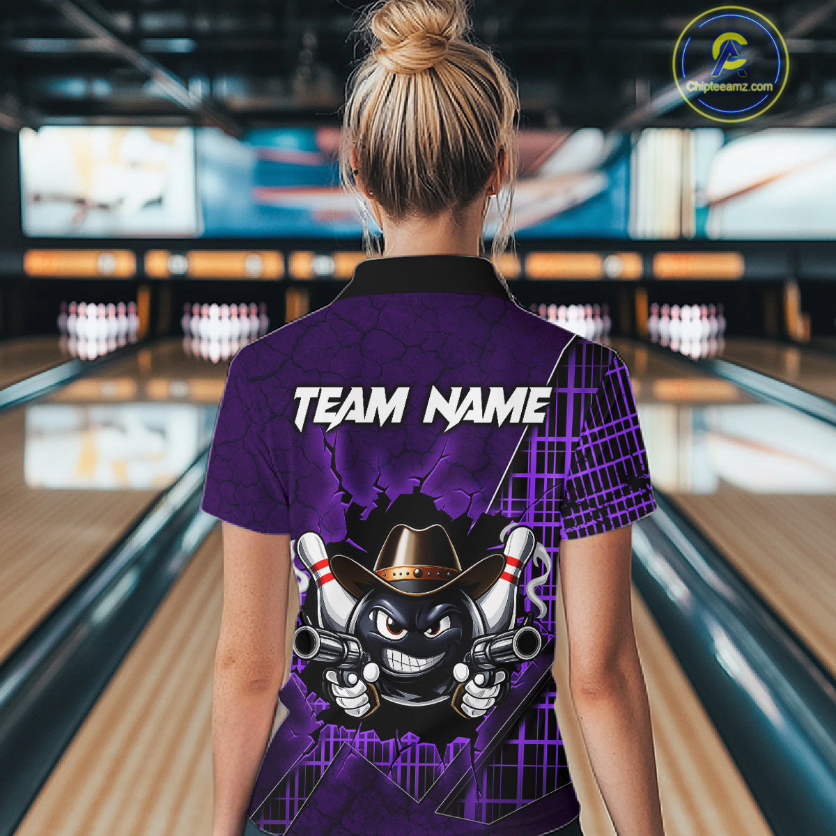Custom Purple Funny Cowboy Gun Bowling Shirt for Women Bowling Team Jersey Bowling Polo & Quarter-Zip  QZT915