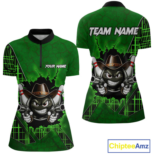 Custom Green Funny Cowboy Gun Bowling Shirt for Women Bowling Team Jersey Bowling Polo & Quarter-Zip  QZT915