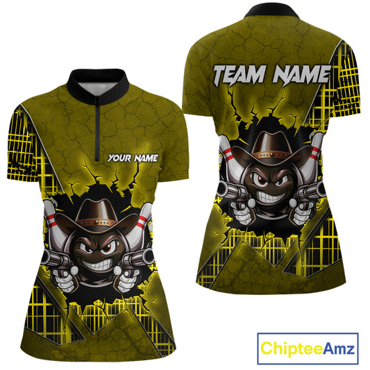 Custom Yellow Funny Cowboy Gun Bowling Shirt for Women Bowling Team Jersey Bowling Polo & Quarter-Zip QZT915
