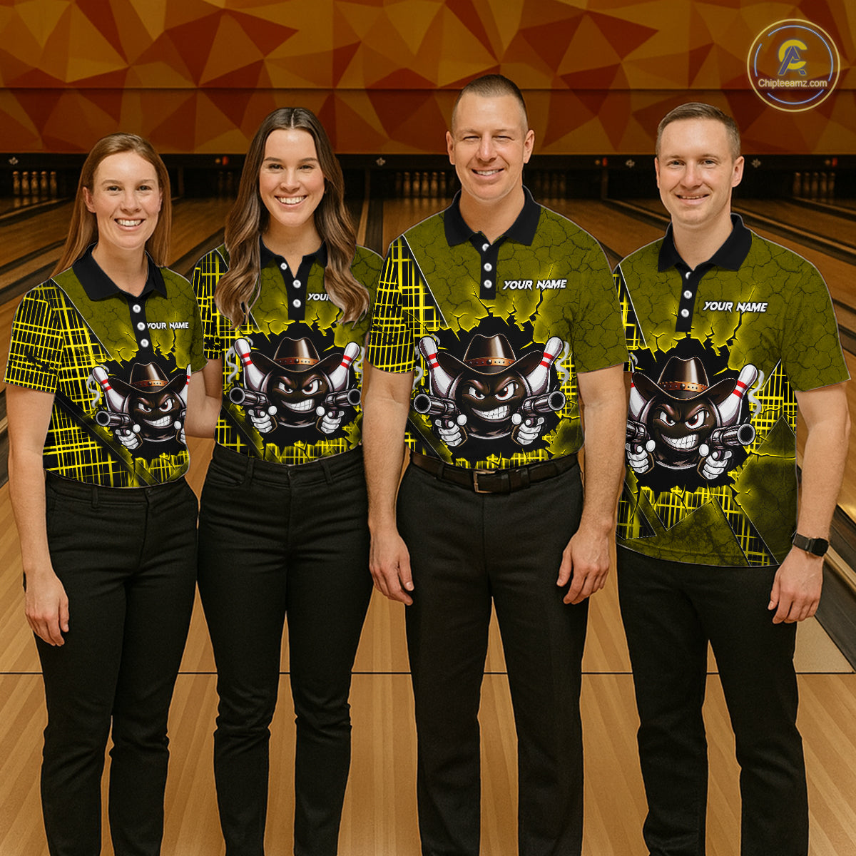 Custom Yellow Funny Cowboy Gun Bowling Shirt for Men Bowling Team Jersey Bowling Polo & Quarter-Zip QZT915