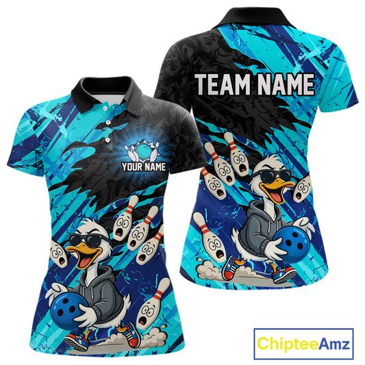 Cyan Funny Duck Bowling Shirt for Women Custom Bowling Team Jersey Bowling League Polo & Quarter-Zip QZT944