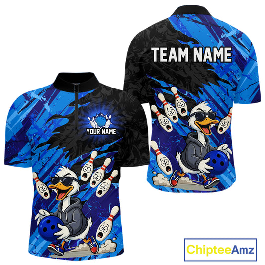 Blue Funny Duck Bowling Shirt for Men Custom Bowling Team Jersey Bowling League Polo & Quarter-Zip QZT944