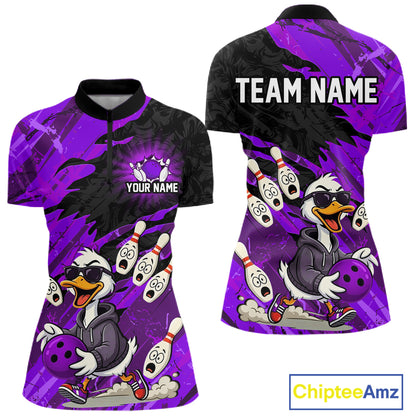 Purple Funny Duck Bowling Shirt for Women Custom Bowling Team Jersey Bowling League Polo & Quarter-Zip QZT944