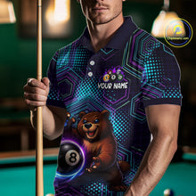 Load image into Gallery viewer, Person wearing a custom polo shirt with a bear and pool ball design, holding a pool cue.