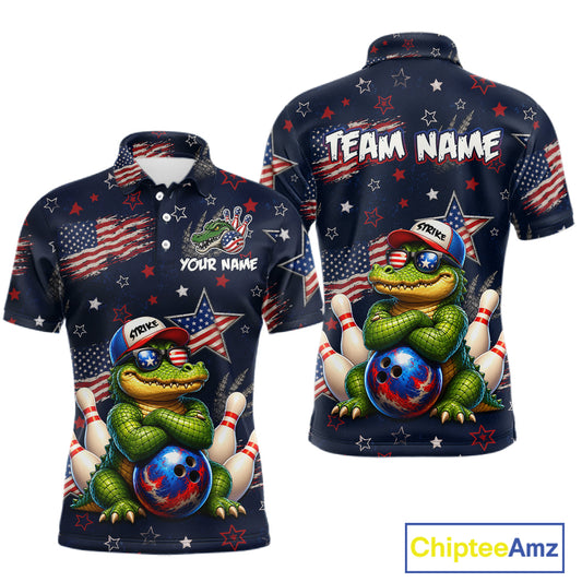 Custom American Flag Alligator Bowling Shirt for Men Patriotic Bowling Jersey Polo & 1/4-Zip QZT1029