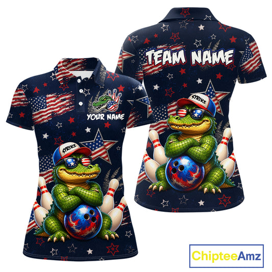 Custom American Flag Alligator Bowling Shirt for Women Patriotic Bowling Jersey Polo & 1/4-Zip QZT1029
