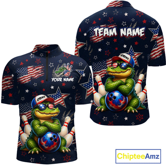 Custom American Flag Alligator Bowling Shirt for Men Patriotic Bowling Jersey Polo & 1/4-Zip QZT1029