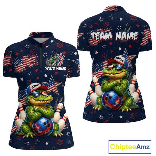 Custom American Flag Alligator Bowling Shirt for Women Patriotic Bowling Jersey Polo & 1/4-Zip QZT1029