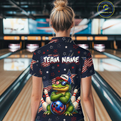 Custom American Flag Alligator Bowling Shirt for Women Patriotic Bowling Jersey Polo & 1/4-Zip QZT1029
