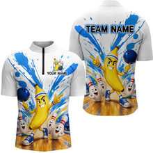 Load image into Gallery viewer, Two views of a bowling jersey with cartoon characters and 'Team Name' text on a white background.