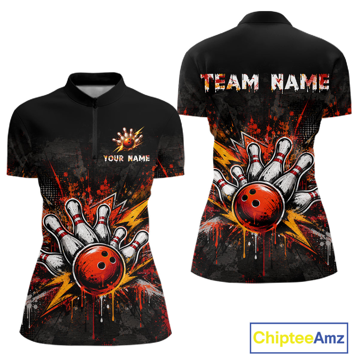 Black short-sleeve polo shirt shown from front and back with bowling-themed graphic print featuring a red bowling ball, white bowling pins, and orange/yellow splatter effects. Front has placeholder text 'YOUR NAME' and 'TEAM NAME' on the chest.