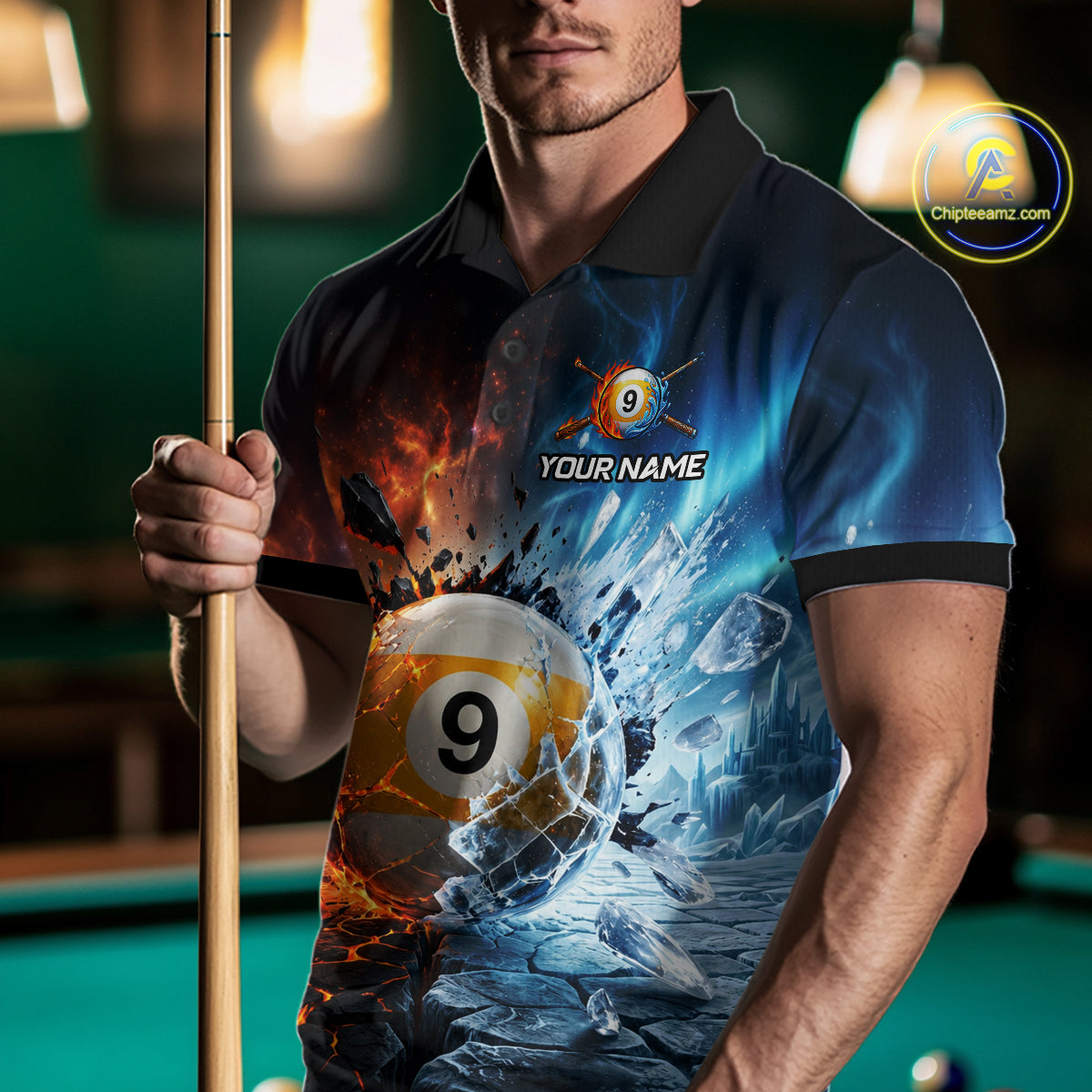 Custom Fire & Ice Billiard Shirt 9 Ball Billiard Jersey for Men Pool Shirt Polo & 1/4-Zip BHT110