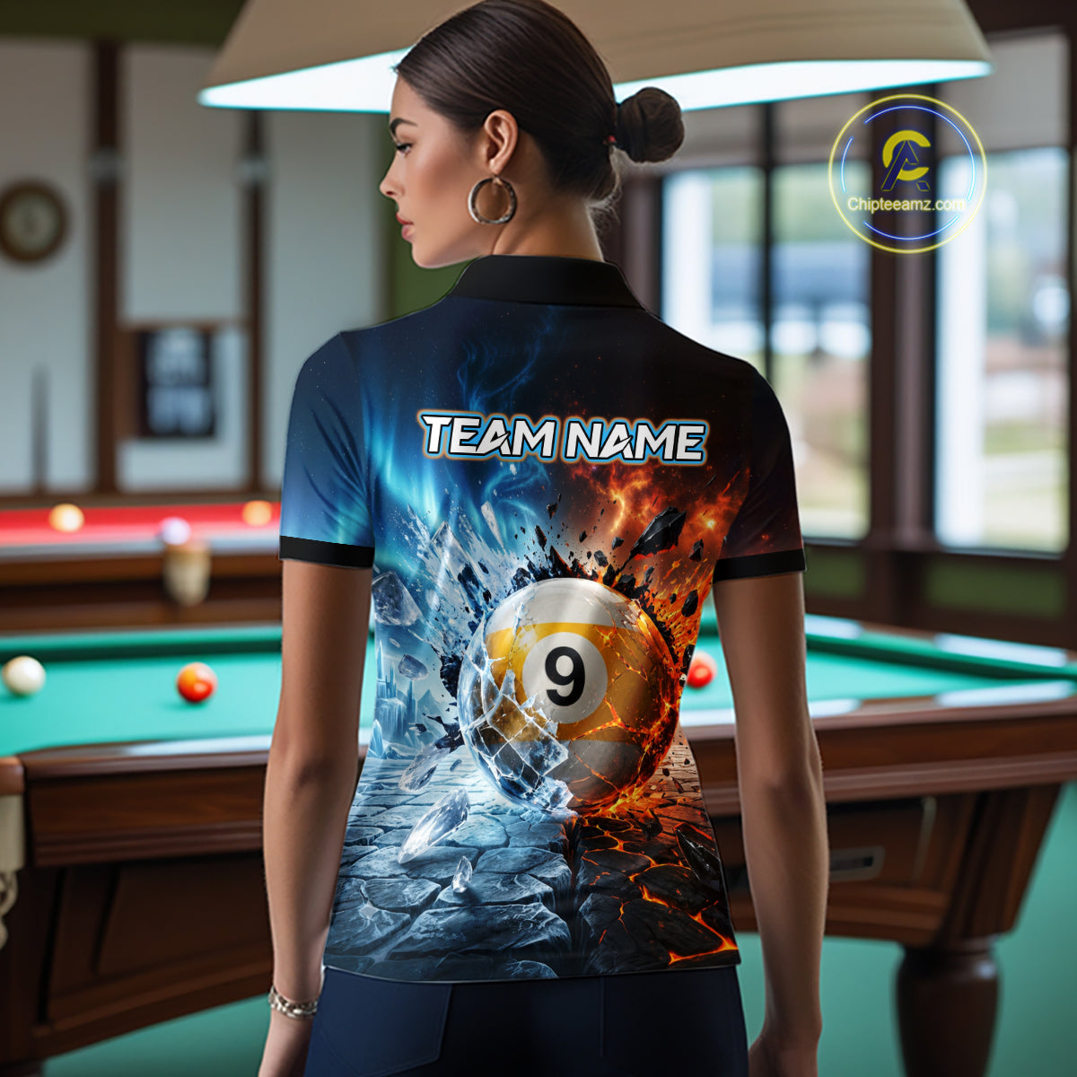 Custom Fire & Ice Billiard Shirt 9 Ball Billiard Jersey for Women Pool Shirt Polo & 1/4-Zip BHT110
