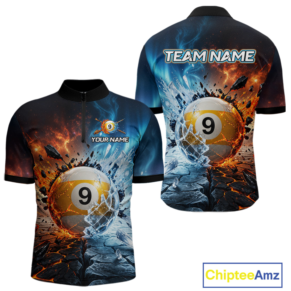 Custom Fire & Ice Billiard Shirt 9 Ball Billiard Jersey for Men Pool Shirt Polo & 1/4-Zip BHT110