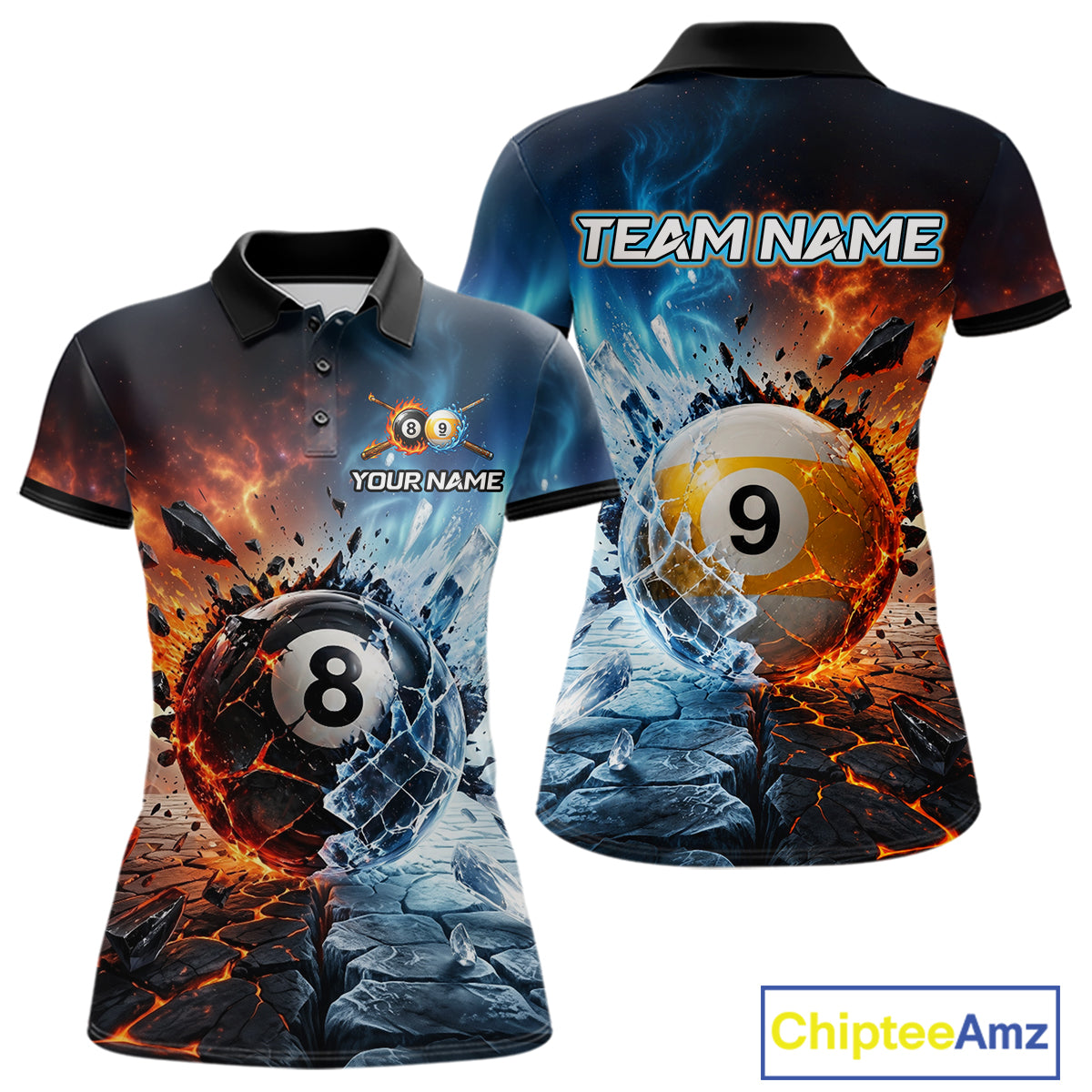 Custom Fire & Ice Billiard Shirt 8 Ball & 9 Ball Billiard Jersey for Women Pool Shirt Billiard Outfit BHT111